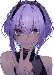 Rule 34 | 1girl, bare shoulders, black hairband, daimaou ruaeru, dark-skinned female, dark skin, fate/prototype, fate/prototype: fragments of blue and silver, fate (series), hairband, hassan of serenity (fate), highres, lips, looking at viewer, nail polish, own hands together, purple eyes, purple hair, purple nails, short hair, simple background, sleeveless, solo, upper body, v, white background