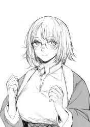Rule 34 | 1girl, blush, breasts, clenched hand, closed mouth, coat, dungeon meshi, falin touden, greyscale, hands up, highres, long sleeves, looking at viewer, monochrome, open clothes, open coat, round eyewear, shirt, short hair, simple background, smile, solo, toi8