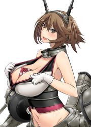Rule 34 | 10s, 1girl, bare shoulders, between breasts, breasts, brown eyes, brown hair, cleavage, covered erect nipples, huge breasts, kantai collection, mutsu (kancolle), navel, short hair, simple background, solo, valentine, white background, yasu (yossy)
