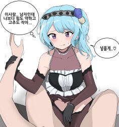 Rule 34 | arm grab, bang dream!, blue hair, blush, girl on top, gloves, headband, highres, imminent anal, imminent penetration, imminent rape, jewelry, korean text, matsubara kanon, necklace, pov, purple eyes, supersexyhot, sweat, torn clothes, translation request, you gonna get raped