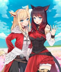 Rule 34 | 2girls, animal ears, black hair, black pants, blonde hair, blue eyes, blush, breasts, choker, cleavage, closed mouth, commission, corset, cropped jacket, detached sleeves, facial mark, final fantasy, final fantasy xiv, fur-trimmed jacket, fur trim, hairband, hand on another&#039;s shoulder, heart, heart choker, jacket, jewelry, jirafuru, large breasts, long hair, looking at viewer, medium hair, miqo&#039;te, multicolored hair, multiple girls, necklace, open mouth, pants, red hair, red jacket, ring, sidelocks, smile, tail, tongue, tongue out, two-tone hair