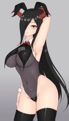 Rule 34 | 1girl, absurdres, animal ears, arm behind head, arm up, armpits, azur lane, bare shoulders, black hair, black thighhighs, bow, breasts, cleavage, collar, fake animal ears, fnzz, friedrich der grosse (azur lane), hair over one eye, highres, horns, large breasts, leotard, long hair, looking at viewer, mechanical horns, playboy bunny, red horns, smile, solo, strapless, strapless leotard, thighhighs, yellow eyes