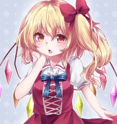 Rule 34 | 1girl, adapted costume, blonde hair, bow, dress, flandre scarlet, hair between eyes, hair bow, hand on own cheek, hand on own face, hand up, long hair, looking at viewer, open mouth, puffy short sleeves, puffy sleeves, red bow, red dress, red eyes, short sleeves, side ponytail, simple background, solo, touhou, upper body, wings, yuria (kittyluv)