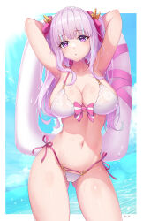 Rule 34 | 1girl, :o, absurdres, armpits, arms behind head, arms up, azur lane, bikini, breasts, cameltoe, cleavage, cleft of venus, cloud, covered erect nipples, highres, holding, holding swim ring, innertube, large breasts, long hair, looking at viewer, navel, official alternate costume, outdoors, parted lips, plymouth (azur lane), plymouth (heart-throbbing refreshment) (azur lane), purple eyes, purple hair, qingshuisi yu ji, side-tie bikini bottom, solo, standing, stomach, sunlight, swim ring, swimsuit, water, wet, white bikini