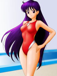 Rule 34 | 1990s (style), 1girl, bishoujo senshi sailor moon, competition swimsuit, highres, hino rei, long hair, one-piece swimsuit, purple eyes, purple hair, red one-piece swimsuit, solo, swimsuit, very long hair