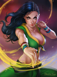 Rule 34 | 1girl, asymmetrical hair, belt, black belt, black hair, bracelet, breasts, brown eyes, cleavage, clenched hand, collarbone, cornrows, crop top, dandon fuga, dark-skinned female, dark skin, electricity, fighting stance, fingernails, forehead, front-tie top, furrowed brow, green pants, jewelry, large breasts, laura matsuda, lips, long hair, looking at viewer, makeup, mascara, midriff, muscular, muscular female, pants, sash, solo, stomach, street fighter, street fighter v, toned, upper body, vest, wavy hair