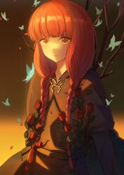 1girl blue_butterfly blunt_bangs braid branch brown_capelet bug butterfly capelet chinese_commentary closed_mouth commentary_request expressionless fata_morgana_no_yakata flower highres insect leaf long_hair looking_at_viewer morgana_(fata_morgana_no_yakata) ocgiufl4whnc6n9 red_flower red_hair red_rose rose sidelighting solo split_mouth twin_braids upper_body yellow_eyes