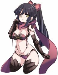 Rule 34 | 1girl, android, bikini, black gloves, black hair, black thighhighs, blush, breasts, brown ribbon, brown scarf, cleavage, cropped legs, elbow gloves, fate/grand order, fate (series), gloves, hair ribbon, hand up, high ponytail, joints, karukan (monjya), katou danzou (fate), long hair, looking at viewer, medium breasts, navel, parted lips, ponytail, purple bikini, ribbon, robot joints, scarf, simple background, solo, swimsuit, thighhighs, very long hair, white background, yellow eyes
