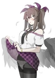 Rule 34 | 1girl, :p, absurdres, black eyes, black necktie, black wings, blouse, bow, breasts, brown hair, buttons, checkered clothes, checkered skirt, clothes lift, collared shirt, detached collar, feathered wings, feathers, frilled shirt collar, frills, hair bow, hat, highres, himekaidou hatate, long hair, medium breasts, medium skirt, necktie, off-shoulder shirt, off shoulder, panties, pantyhose, pom pom (clothes), puffy short sleeves, puffy sleeves, purple bow, purple skirt, shirt, short sleeves, shot (shot0598), sidelocks, simple background, skirt, skirt lift, solo, strap, thighhighs, tokin hat, tongue, tongue out, touhou, underwear, unmoving pattern, white background, white panties, white shirt, wings