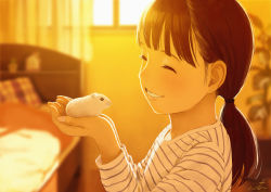 Rule 34 | 1girl, animal, bed, brown hair, closed eyes, commentary, hamster, hands up, holding, holding animal, long sleeves, medium hair, original, papi (papiron100), parted lips, plant, ponytail, potted plant, shirt, smile, solo, striped clothes, striped shirt, sunset, white shirt, window
