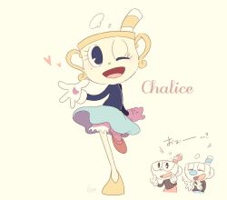 Rule 34 | 1girl, 2boys, ;d, black eyes, blue skirt, character name, cuphead, cuphead (game), drinking straw, gloves, heart, ms. chalice, mugman, multiple boys, one eye closed, open mouth, pumpkin panties, shorts, simple background, skirt, smile, standing, standing on one leg, white gloves, yellow background, yellow footwear
