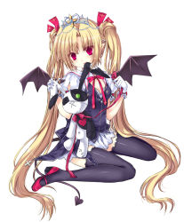 Rule 34 | 1girl, bat wings, black thighhighs, blonde hair, bow, breasts, cleavage, demon girl, fang, female focus, full body, gloves, hair bow, heart, legs, long hair, mouth hold, original, pink eyes, ratise, scar, shoes, simple background, sitting, smile, solo, stitches, stuffed animal, stuffed rabbit, stuffed toy, tail, thighhighs, tiara, very long hair, wariza, white background, wings, zettai ryouiki