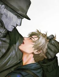 Rule 34 | 2boys, black coat, black gloves, blue eyes, blue shirt, blush, brown hair, coat, colored skin, dnajssk, duster coat, eye contact, gloves, grabbing another&#039;s hair, grey skin, hat, leon s. kennedy, long coat, looking at another, male focus, mr x, multiple boys, open mouth, police, police uniform, resident evil, resident evil 1, resident evil 2, resident evil 2 (remake), shirt, short hair, tongue, tyrant, uniform, upper body, white background, yaoi