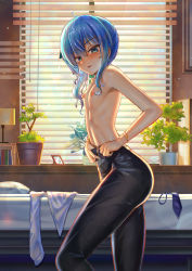 Rule 34 | 1girl, absurdres, black pants, blue eyes, blue hair, blush, bracelet, breasts, flat chest, highres, hololive, hoshimachi suisei, indoors, jagoo, jewelry, lamp, lips, looking at viewer, medium hair, nipples, pants, parted lips, plant, potted plant, side ponytail, small breasts, solo, star bracelet, topless, undressing, virtual youtuber, window
