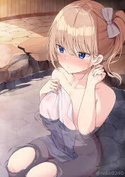 Rule 34 | 1girl, artist name, blonde hair, blue eyes, blush, bow, breasts, closed mouth, commentary request, covering privates, covering privates, fence, hair bow, hand up, medium breasts, nekokobushi, nose blush, nude cover, onsen, original, partially submerged, side ponytail, sitting, solo, stone floor, towel, water, white bow, wooden fence