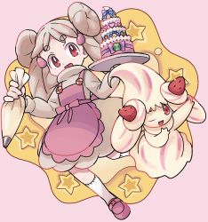 Rule 34 | 1girl, :d, absurdres, alcremie, alcremie (strawberry sweet), apron, beige dress, blonde hair, cake, commentary request, creature and personification, creatures (company), double bun, food, fruit, game freak, gen 8 pokemon, hair bun, hands up, highres, holding, holding tray, long hair, looking at viewer, nintendo, open mouth, pokemon, pokemon (creature), purple apron, purple footwear, red eyes, shoes, short eyebrows, smile, socks, strawberry, sutokame, tongue, tray, w arms, white legwear