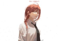 Rule 34 | 1girl, ahoge, artist name, black necktie, braid, chainsaw man, collared shirt, commentary request, copyright name, dress shirt, highres, long hair, looking at viewer, makima (chainsaw man), necktie, null (skev7724), open collar, orange eyes, red hair, ringed eyes, shirt, solo, upper body, white background, white shirt