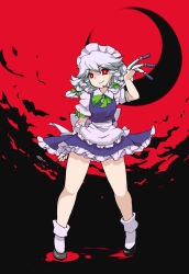 Rule 34 | 1girl, braid, dress, female focus, full body, hairband, izayoi sakuya, knife, maid, noko351, outdoors, red eyes, short hair, silver hair, sky, solo, thick thighs, thighs, throwing knife, touhou, twin braids, weapon