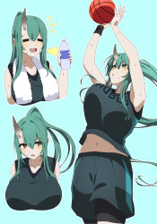 Rule 34 | +++, 1girl, :o, = =, alternate costume, arknights, armpits, arms up, ball, bare shoulders, basketball, basketball (object), basketball uniform, bike shorts, black shorts, blue background, blush, bottle, bouncing breasts, breasts, hair between eyes, highres, holding, holding bottle, horns, hoshiguma (arknights), huge breasts, long hair, looking at viewer, looking up, makino, midriff peek, multiple views, navel, open mouth, parted lips, ponytail, shorts, shorts under shorts, sidelocks, simple background, skin-covered horns, sleeveless, sportswear, sweat, sweatband, towel, towel around neck, unaligned breasts, yellow eyes