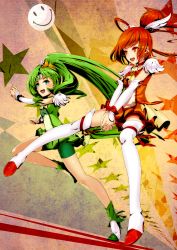 Rule 34 | 10s, 2girls, ball, bike shorts, blush, bow, cure march, cure sunny, dress, elbow gloves, eyelashes, gloves, green eyes, green hair, green shorts, green skirt, head wings, highres, hino akane (smile precure!), long hair, midorikawa nao, multiple girls, niketora, open mouth, orange eyes, orange hair, orange skirt, playing sports, ponytail, precure, red shorts, ribbon, shorts, shorts under skirt, skirt, smile precure!, smiley face, star (symbol), thighhighs, tiara, tri tails, volleyball, volleyball (object), wings, wrist cuffs
