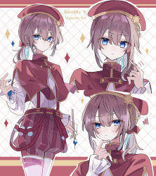 Rule 34 | 1boy, :t, absurdres, alternate costume, androgynous, beret, blue eyes, blush, border, brown hair, capelet, closed mouth, copyright name, edgar valden, expressionless, frilled sleeves, frills, furrowed brow, grid background, hair between eyes, hair ribbon, twirling hair, hand up, hat, highres, holding, holding paintbrush, identity v, letterboxed, long sleeves, looking at viewer, male focus, medium hair, multiple views, outline, outside border, paint, paint on fingers, paintbrush, playing with own hair, ponytail, potechi (kaoriion613), puffy shorts, red border, red capelet, red headwear, red ribbon, red shorts, ribbon, shirt, shorts, sidelocks, simple background, socks, sparkle, squiggle, standing, striped clothes, striped shorts, suspender shorts, suspenders, sweat, thigh strap, trap, white background, white outline, white shirt, white socks