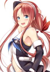 Rule 34 | 10s, 1girl, ahoge, asymmetrical bangs, bare shoulders, blue eyes, elbow gloves, from side, gloves, hairband, highres, ichikawa feesu, kantai collection, kawakaze (kancolle), long hair, looking at viewer, looking to the side, red hair, school uniform, serafuku, simple background, sleeveless, smile, solo, twintails