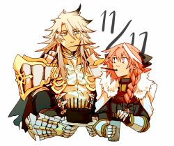 Rule 34 | 2boys, armor, astolfo (fate), birthday, braid, cake, dark skin, dark-skinned male, dated, fate/apocrypha, fate (series), food, long hair, looking at another, male focus, mine (odasol), multiple boys, pink hair, pocky, siegfried (fate), simple background, trap, white background, white hair