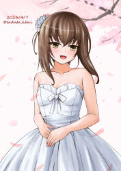 Rule 34 | 1girl, absurdres, alternate costume, bare shoulders, bob cut, branch, breasts, brown eyes, brown hair, cherry blossoms, commentary request, dated, dress, highres, inverted bob, kamiya tadato, kantai collection, off-shoulder dress, off shoulder, one-hour drawing challenge, petals, short hair, short hair with long locks, small breasts, smile, solo, taihou (kancolle), twitter username, white background, white dress