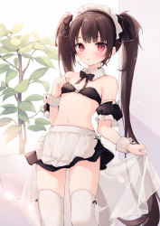 Rule 34 | 1girl, apron, bikini, black skirt, blush, bow, breasts, brown hair, cowboy shot, detached collar, hair bow, highres, long hair, looking at viewer, maid, maid bikini, navel, original, plant, potted plant, red eyes, see-through, skindentation, skirt, small breasts, solo, suzumori uina, swimsuit, thighhighs, thighs, twintails, unconventional maid, very long hair, waist apron, white thighhighs, window, wrist cuffs, zettai ryouiki