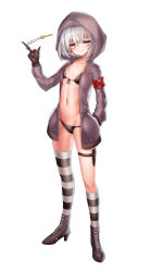 Rule 34 | 1girl, ankle boots, ankle lace-up, armband, asymmetrical legwear, bikini, black bikini, boots, bracer, breasts, brown footwear, brown gloves, claws, closed mouth, collarbone, cross-laced footwear, drawstring, ehart, eyelashes, front-tie bikini top, front-tie top, gloves, groin, hand in pocket, hand up, highres, holster, hood, hood up, hooded jacket, hoodie, index finger raised, jacket, key, kneehighs, lace-up boots, legs apart, long sleeves, looking at viewer, navel, open clothes, open hoodie, original, purple jacket, sheath, short hair, simple background, single kneehigh, single sock, single thighhigh, small breasts, smile, socks, solo, standing, stomach, strap gap, striped clothes, striped socks, striped thighhighs, swimsuit, thigh holster, thigh strap, thighhighs, uneven legwear, unzipped, white background, white hair