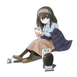 Rule 34 | 10s, 1girl, black hair, black pantyhose, blue eyes, blue sweater, book, breasts, brown footwear, brown skirt, chibi, cleavage, collarbone, commentary request, eyebrows, hair between eyes, hairband, highres, holding, holding book, idolmaster, idolmaster cinderella girls, jewelry, junsuina fujunbutsu, korean text, long hair, looking at viewer, necklace, off-shoulder, off-shoulder sweater, off shoulder, pantyhose, pendant, puchimasu!, ribbed sweater, sagisawa fumika, shawl, shoes, sitting, skirt, solo, sweater