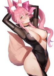 Rule 34 | 1girl, absurdres, afpl (parrotz4), animal ear fluff, animal ears, arms behind head, arms up, black bodysuit, blush, bodysuit, bow, breasts, center opening, choker, cleavage, fate/grand order, fate (series), fox ears, fox girl, fox tail, glasses, hair between eyes, hair bow, highres, hip vent, koyanskaya (assassin) (first ascension) (fate), koyanskaya (fate), large breasts, long hair, looking at viewer, pink bow, pink hair, ponytail, sidelocks, solo, tail, tamamo (fate), thighs, yellow eyes