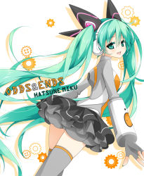 Rule 34 | 1girl, aqua eyes, aqua hair, character name, copyright name, green eyes, green hair, hatsune miku, long hair, looking at viewer, matching hair/eyes, odds &amp; ends (vocaloid), open mouth, project diva (series), project diva f, reina (black spider), skirt, smile, solo, thighhighs, twintails, very long hair, vocaloid, zettai ryouiki
