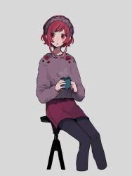 Rule 34 | 1girl, blush, cup, hairband, highres, holding, holding cup, long sleeves, looking to the side, maco22, mug, original, pantyhose, parted lips, pencil skirt, red eyes, red hair, short hair with long locks, sitting, skirt, solo, stool, sweater