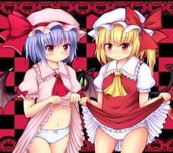 Rule 34 | 2girls, ascot, bat wings, blonde hair, blue hair, blush, brooch, checkered background, clothes lift, dress, dress lift, fang, female focus, flandre scarlet, hat, hat ribbon, heart, heart panties, heart print, highres, jewelry, looking at viewer, midriff, multiple girls, navel, panties, pink dress, pink eyes, polka dot, polka dot panties, print panties, puffy sleeves, red dress, remilia scarlet, rena (riries), ribbon, shirt, short hair, short sleeves, siblings, side ponytail, sisters, skirt, skirt lift, smile, grid background, touhou, underwear, white panties, wings