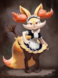 Rule 34 | 1girl, absurdres, alternate costume, animal ear fluff, animal ears, animal hands, animal nose, apron, artist name, barefoot, black dress, black fur, body fur, braixen, breasts, brown background, clothed pokemon, creatures (company), dress, duster, enmaided, feather duster, female focus, fox ears, fox girl, fox tail, frilled dress, frills, full body, furry, furry female, game freak, gen 6 pokemon, hand on own hip, highres, looking at viewer, maid, maid apron, maid headdress, nakios, nintendo, open mouth, pigeon-toed, pokemon, pokemon (creature), puffy short sleeves, puffy sleeves, red eyes, short dress, short sleeves, signature, simple background, small breasts, snout, solo, standing, tail, twitter username, white apron, white fur, yellow fur