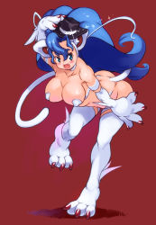 Rule 34 | 1girl, :3, :d, animal ears, animal hands, big hair, blue eyes, blue hair, breasts, cat ears, cat girl, cat paws, cat tail, fedora, felicia (vampire), female focus, full body, hat, holding, holding clothes, holding hat, large breasts, leaning forward, long hair, matching hair/eyes, open mouth, red background, simple background, smile, solo, standing, standing on one leg, tail, vampire (game), yu 3