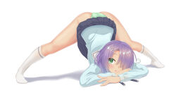 Rule 34 | 1girl, ?, absurdres, ass, ass focus, black necktie, black skirt, blue sweater, blush, cafe stella to shinigami no chou, chestnut mouth, commentary request, feet, full body, fumimaru, green eyes, green panties, hair ornament, hair over one eye, hairclip, head tilt, highres, hiuchidani mei, jack-o&#039; challenge, legs, long legs, long sleeves, looking at viewer, miniskirt, necktie, no shoes, panties, pantyshot, pleated skirt, purple hair, school uniform, short hair, simple background, skirt, socks, solo, sweater, underwear, white background, white socks