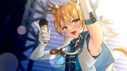 Rule 34 | 1boy, animal ears, armpits, blonde hair, cat ears, cat tail, crown, detached sleeves, earrings, fang, gloves, grateful shell collector, guppydaze, idol, jewelry, looking to the side, male focus, microphone, open mouth, original, short hair, solo, stage, sweat, tail, yellow eyes