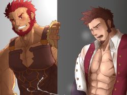 Rule 34 | 2boys, abeberries, bara, bare pectorals, beard, blush, censored, cross scar, cum, ejaculation, facial hair, fate/grand order, fate/zero, fate (series), iskandar (fate), large pectorals, leather, long sideburns, male focus, multiple boys, muscular, napoleon bonaparte (fate), pectorals, red eyes, red hair, scar, scar on chest, sideburns, smile, toned, toned male
