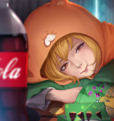 Rule 34 | 10s, 1girl, :t, artist name, bad deviantart id, bad id, blonde hair, blurry, bottle, brand name imitation, cheek bulge, chewing, chips (food), chromatic aberration, closed mouth, coca-cola, cola, curtains, depth of field, doma umaru, eating, eyelashes, facebook username, food, gradient background, hamster costume, head down, head rest, himouto! umaru-chan, indoors, lips, looking at viewer, magion02, neet, nose, orange eyes, pillow, potato chips, realistic, signature, snack, soda bottle, solo, takenoko no sato, texture, watermark, web address