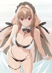 Rule 34 | 1girl, azur lane, bikini, black bow, black bowtie, black ribbon, bow, bowtie, breasts, brown hair, cleavage, closed mouth, commentary, cowboy shot, cross, cross-laced bikini, cross-laced clothes, cross necklace, detached collar, eyebrows hidden by hair, hair between eyes, hair intakes, hair ornament, hair ribbon, highres, jewelry, large breasts, light smile, long hair, looking at viewer, maid headdress, mole, mole under mouth, multi-strapped bikini, navel, necklace, official alternate costume, ribbon, sashimori5, sidelocks, skindentation, smile, solo, standing, stomach, string bikini, swiftsure (azur lane), swiftsure (midsummer special service) (azur lane), swimsuit, thigh strap, white bikini, wing collar, wrist cuffs, x hair ornament