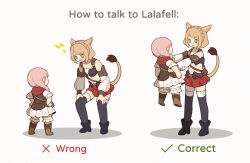 Rule 34 | 2girls, 9yuki, animal ears, blonde hair, boots, braid, cat ears, cat tail, final fantasy, final fantasy xiv, green eyes, hands on own hips, hands on own knees, highres, how to talk to short people (meme), lalafell, lifting person, meme, miniskirt, miqo&#039;te, multiple girls, pink hair, scarf, short hair, simple background, skirt, smile, tail, thighhighs, twin braids, warrior of light (ff14)