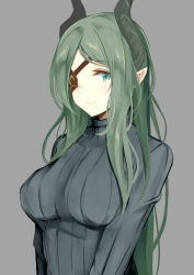 Rule 34 | 1girl, nanashi inc., alternate hair length, alternate hairstyle, black sweater, breasts, demon horns, eyepatch, green eyes, green hair, grey background, highres, honey strap, horns, irohara, large breasts, long hair, long sleeves, looking at viewer, pointy ears, ribbed sweater, sekishiro mico, sidelocks, simple background, smile, solo, sweater, upper body, virtual youtuber