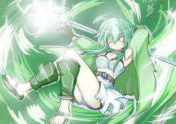 Rule 34 | 1girl, ;), ankle wrap, anklet, bare shoulders, barefoot, bike shorts, blush, breasts, cleavage, collar, duel monster, full body, furumeta, green eyes, green hair, highres, jacket, jewelry, legs, long hair, looking at viewer, matching hair/eyes, no socks, one eye closed, ponytail, sandals, smile, solo, staff, winda priestess of gusto, wink, wynnda miko of the gusta, yu-gi-oh!