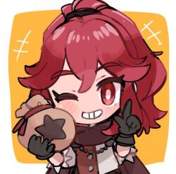 1girl ;d anna_(fire_emblem) black_gloves cape fire_emblem fire_emblem_engage gloves holding holding_sack long_hair looking_at_viewer nintendo one_eye_closed open_mouth ponytail red_eyes red_hair sack smile solo tamatamariso85 teeth upper_body