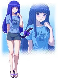 Rule 34 | 1girl, absurdres, alternate costume, arm behind back, blue hair, blue shirt, blunt bangs, bow, casual, cat tail, character print, clothes writing, collarbone, denim, denim shorts, english text, eyes visible through hair, flip-flops, frederica bernkastel, full body, furude rika, halftone, halftone background, highres, higurashi no naku koro ni, hime cut, legs, light blush, long hair, looking to the side, outline, print shirt, purple bow, purple eyes, revision, sandals, shirt, shorts, sidelocks, solo, t-shirt, tail, tail bow, tail ornament, toenails, toes, umineko no naku koro ni, white background, white outline, zawabug, zoom layer