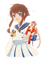 Rule 34 | 1girl, absurdres, angelic layer, blue eyes, brown hair, cropped legs, doll, eyelashes, highres, hikaru (angelic layer), looking at viewer, open mouth, school uniform, short hair with long locks, sidelocks, signature, simple background, solo, sparkle, suzuhara misaki, teeth, upper teeth only, white background, yumyum