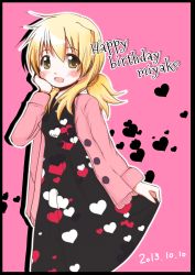 Rule 34 | 1girl, 2013, birthday, blonde hair, blush, character name, dated, dot nose, dress, english text, female focus, hand on own face, happy birthday, heart (symbol), hidamari sketch, highres, miyako (hidamari sketch), open mouth, open sweater, ponytail, runa44, solo