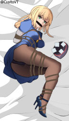Rule 34 | 1girl, arms behind back, artoria caster (fate), artoria pendragon (fate), ass, bdsm, black panties, blonde hair, blue dress, bondage, bound, bound arms, bound legs, breasts, cleavage, cuyito, dress, fate/grand order, fate (series), gagged, green eyes, high heels, highres, panties, pantyhose, pantyshot, shibari, underwear